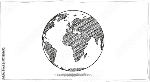 Handdrawn globe sketch with shaded continents on white background