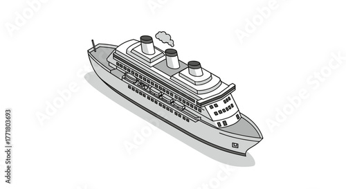 Monochrome isometric cruise ship with smoke in minimalist style