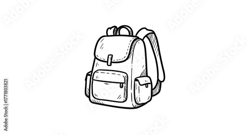 Hand drawn backpack outline sketch with pockets on white background