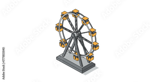 Isometric ferris wheel on white background with orange gondolas