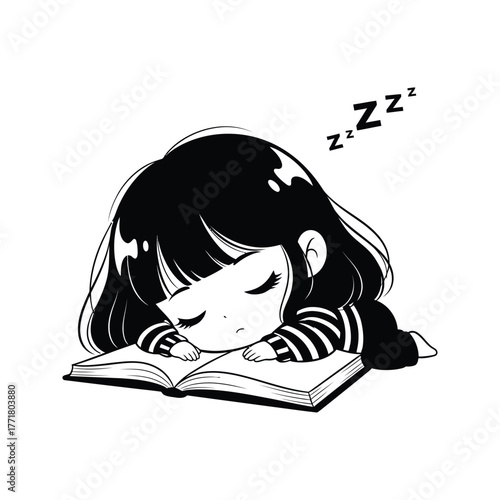 Cute anime girl with black hair sleeping peacefully on an open book with zzz symbols above her head
