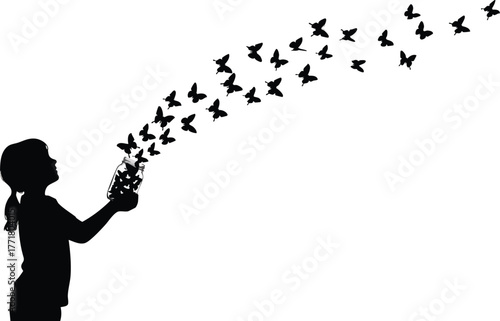 Child releasing a swarm of butterflies into the sky, symbolizing freedom and imagination.