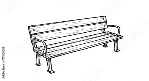 Rustic wooden bench drawing in black and white with handdrawn sketch style