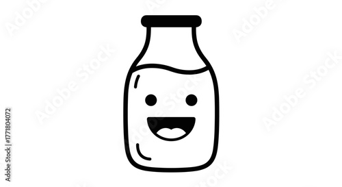 Cute smiling milk bottle icon with happy face on white background