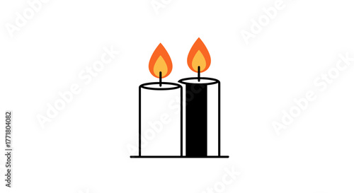 Minimalist line art of two burning candles on white background
