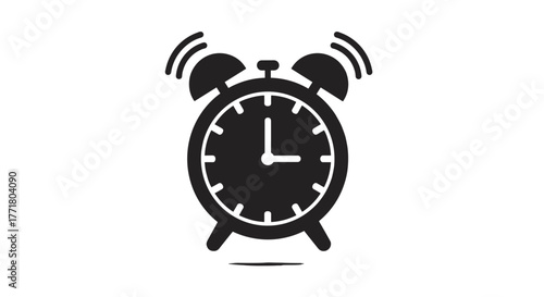 Classic alarm clock icon silhouette on white background with vibrating effect