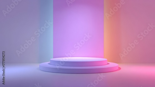Pedestal illuminated with soft pastel gradients and light beams on a studio floor