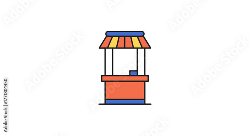 Colorful market stall with striped awning and counter on white background