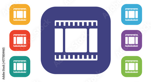 Colorful movie film strip icons on square backgrounds