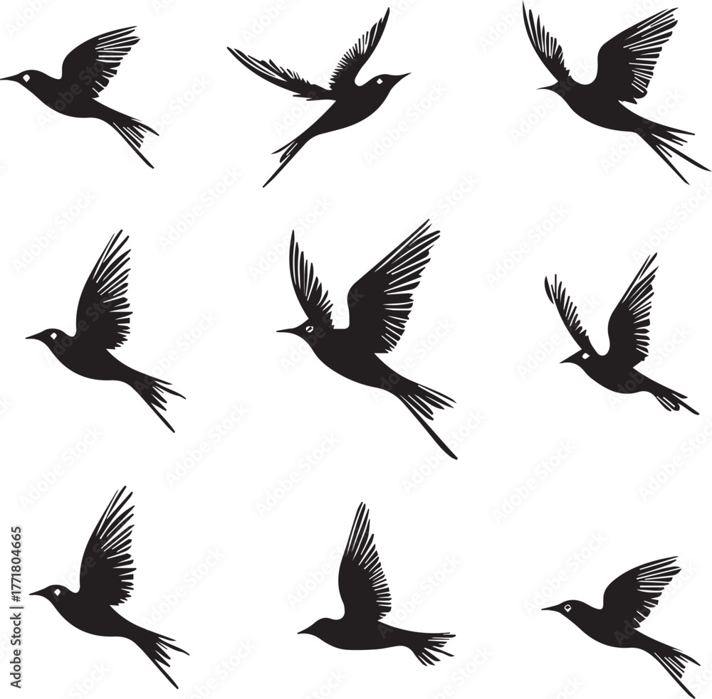 Fototapeta premium Beautiful artistic black flying bird shapes for design creativity on white background