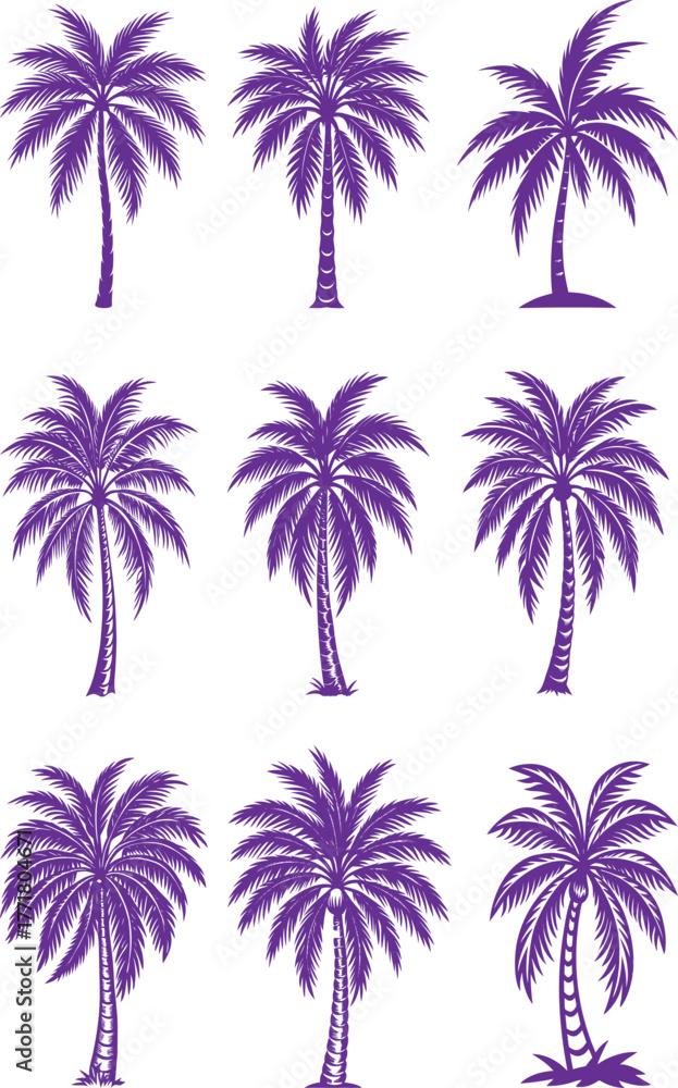 Fototapeta premium Set of tropical palm tree silhouettes vector illustration against a vibrant sunset sky on the beach