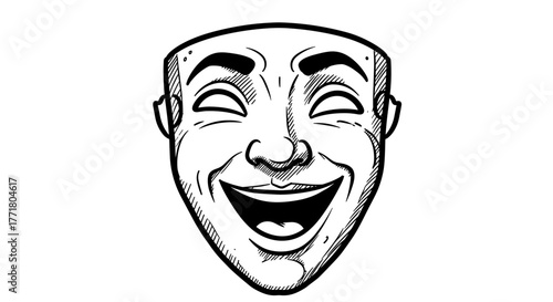 Happy comic mask with laughing expression in black and white line art
