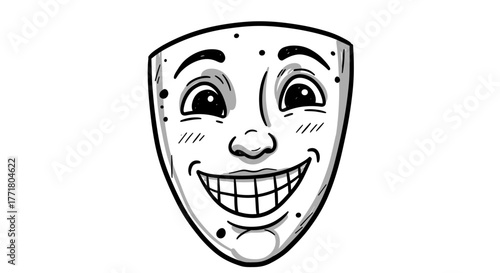Smiling comedy mask with detailed black and white design