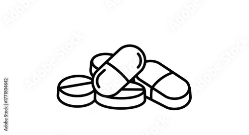 Line art drawing of tablets and pills on white background