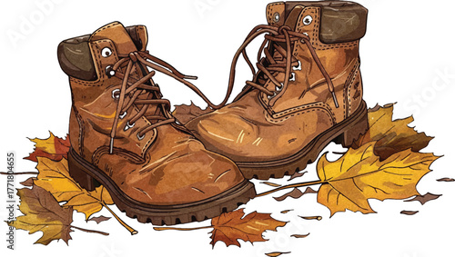 cartoon vector-style drawing of worn work boots with autumn leaves on the ground, white background, clip art, simple line art, high resolution