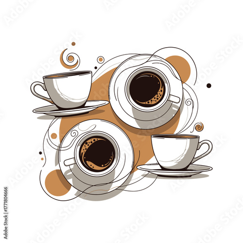 Four steaming cups of coffee on saucers with abstract swirling lines and dots in warm brown tones