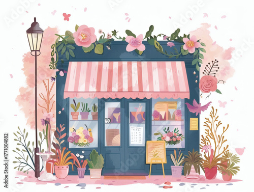 Colorful cute flower store building illustration, AI generated