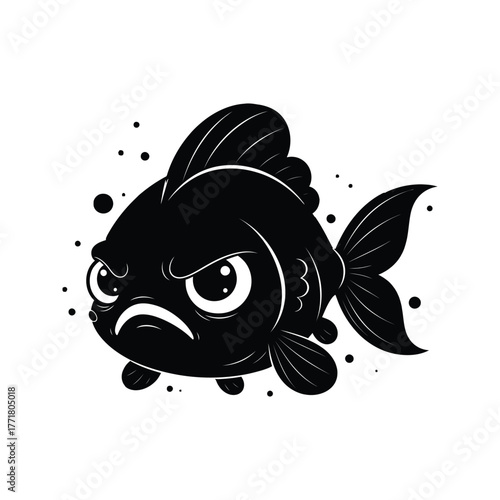 Grumpy black fish with big eyes and angry expression surrounded by colorful bubbles