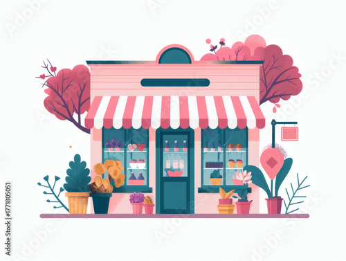 Colorful cute flower store building illustration, AI generated