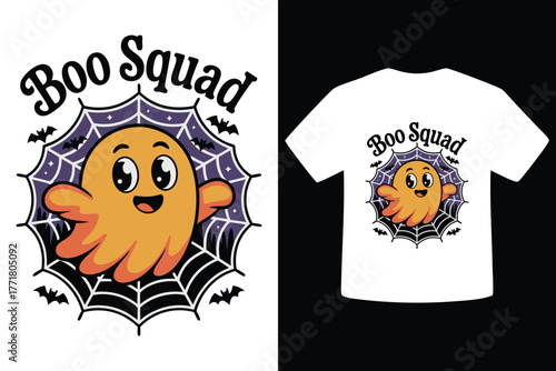 Cute orange ghost with big eyes and boo squad text on a spiderweb design