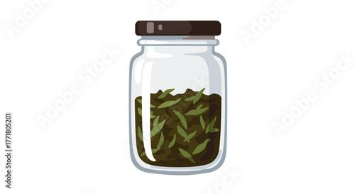 Glass jar with loose tea leaves on white background