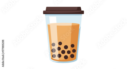 Trendy bubble tea in a clear cup with black boba pearls on white background