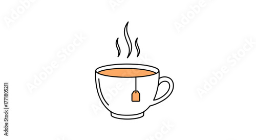 Minimalist linear tea cup with steam on white background