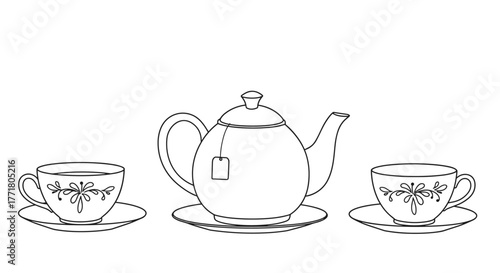 Elegant tea set outline with floral patterns and teapot