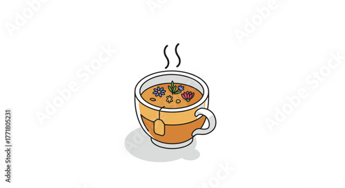 Steaming herbal tea cup with flowers in modern outline style