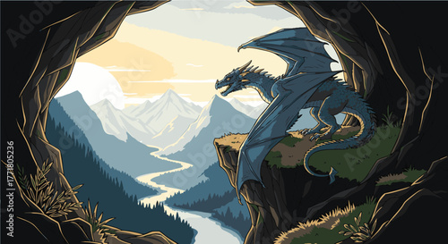 A majestic blue dragon with outstretched wings perches on a rugged cliffside, surveying a breathtaking fantasy mountain valley at dawn or dusk, framed by a dark cave entrance