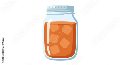 Aesthetic mason jar with iced tea and ice cubes in flat design