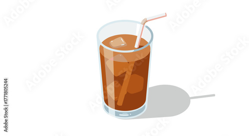 Refreshing iced coffee in transparent glass with straw in realistic style on white background