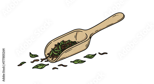 Wooden scoop with herbal tea leaves on white background
