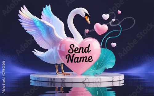 Elegant swan with heart and colorful wings on a pedestal