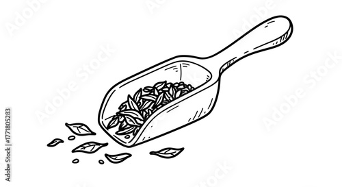 Hand drawn scoop with tea leaves on white background
