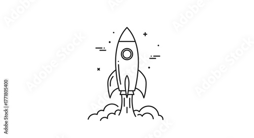 Minimalist rocket launch icon in linear style with simple astronaut theme