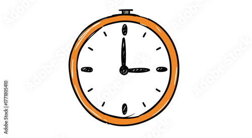 Handdrawn clock with orange frame  minimalist timepiece design