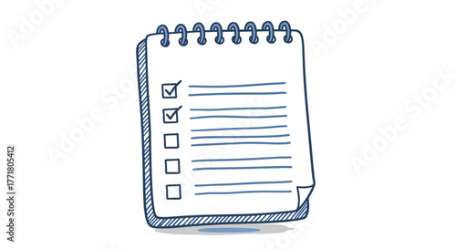 Handdrawn checklist icon on spiral notepad with blue lines
