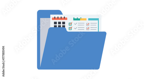 Organized documents in blue folder with calendar and checklist icons