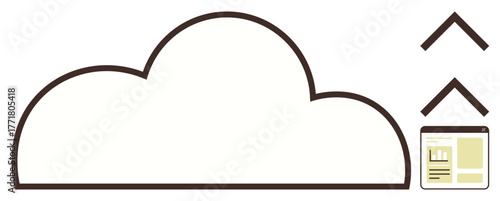 Cloud outline with two upward arrows and a file window portraying data upload and online file storage. Ideal for cloud computing, data management, technology, online services, innovation, backup