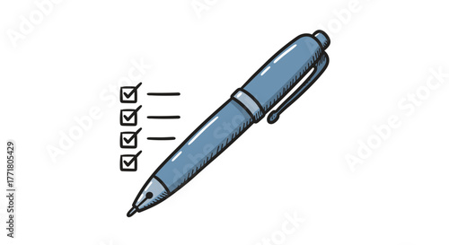 Handdrawn pen and checklist with tick marks in doodle style for task management