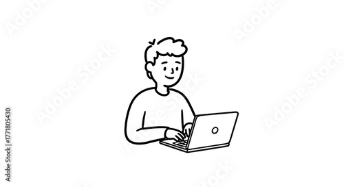 Young person working on laptop simple line art for digital projects