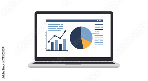 Laptop displaying data analytics with graphs and charts for business analysis