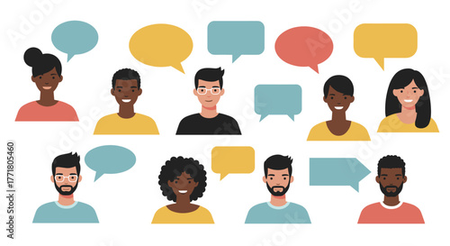 Diverse people with speech bubbles communicating in flat art style
