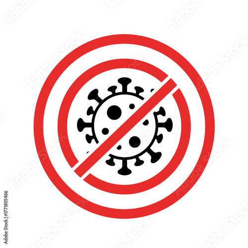 No virus allowed symbol with red prohibition circle and black germ icon
