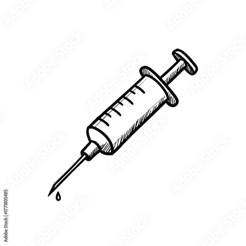 Hand drawn ink style syringe with dripping needle on white background