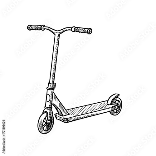 Hand drawn kick scooter sketch on white background