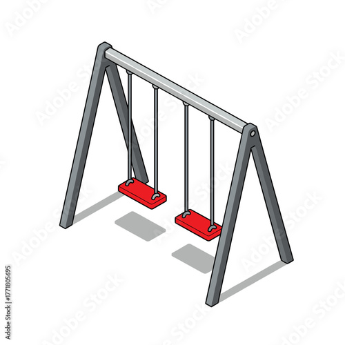 Isometric playground swing set with red seats on white background