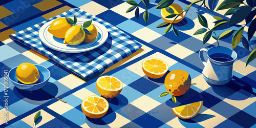 Elegant white plate on a fresh tablecloth with eggs and fruit for a festive Easter breakfast meal setting