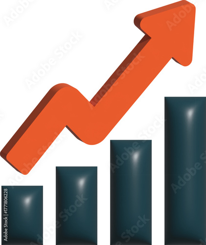 3D growth chart icon with an orange upward arrow and dark bars, symbolizing success, business growth, and progress